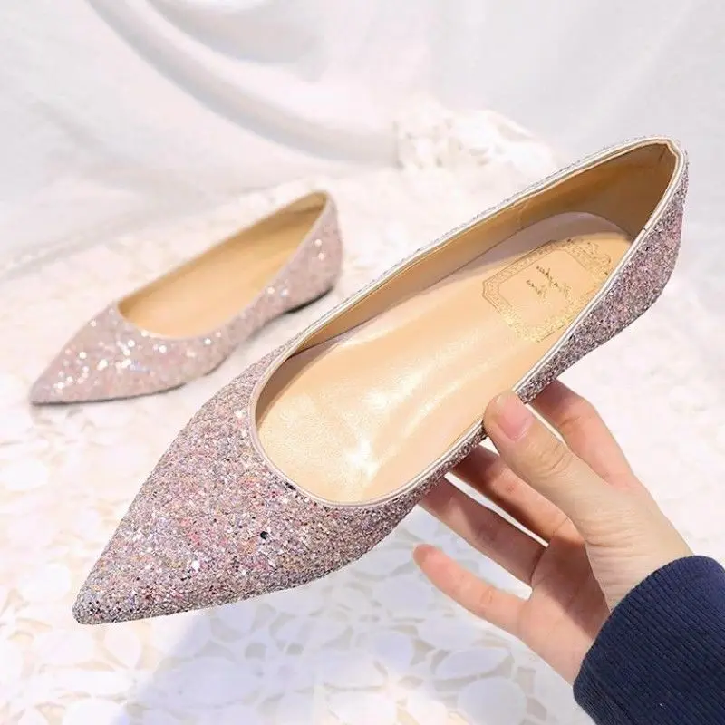 

Pointed-toe women's flat shoes 2021 new sequined shallow mouth wedding shoes 44 oversized gold powder banquet shoes
