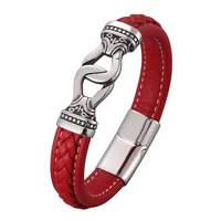 new red leather charm bracelets bangles men jewelry vintage stainless steel magnetic buckle punk rock male wristband gift pd0817