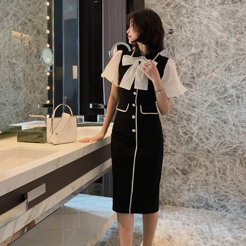 Женское винтажное вечернее платье элегантное с коротким рукавом и бантом