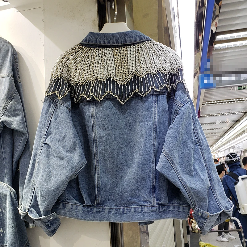 

Женская джинсовая куртка, короткая однобортная куртка черного цвета, с отложным воротником, со стразами и жемчужинами