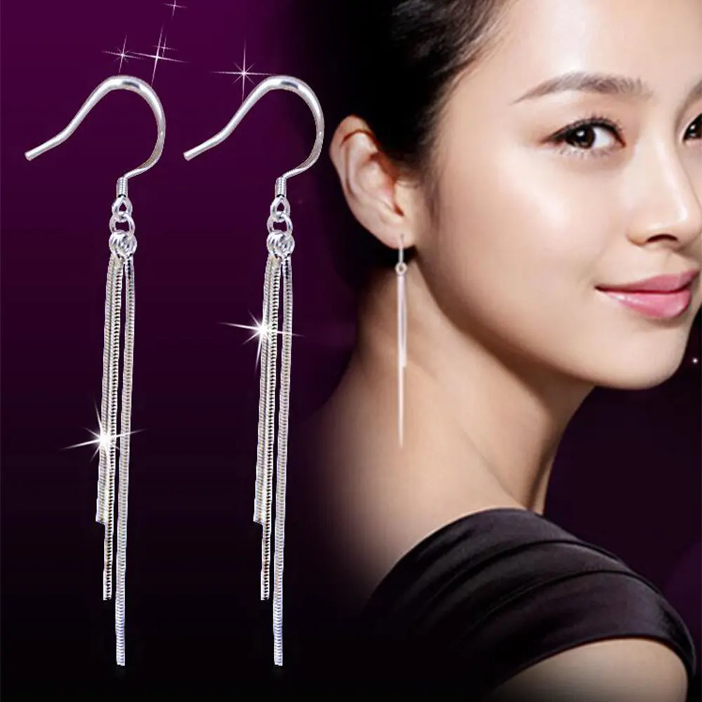 

POPACC 925 Sterling Silver Long Tassel Chain Earrings Drop Earrings For Women Boucle d'oreille