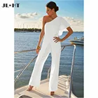 Белый шифоновый комбинезон на одно плечо, вечернее длинное платье для выпускного вечера, с рукавом до локтя