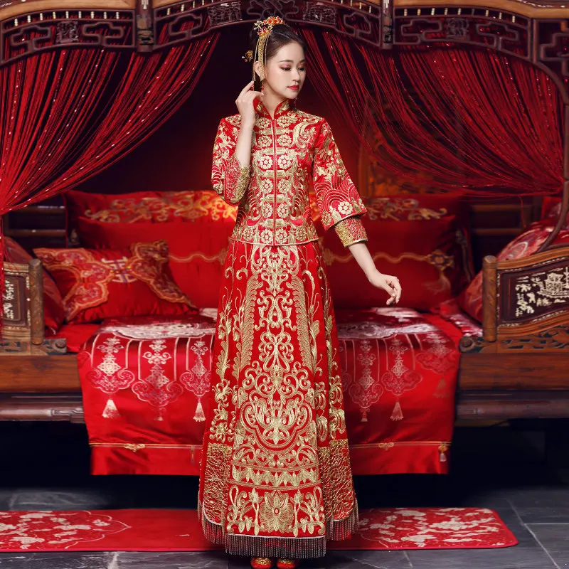 

Женское Красное Восточное свадебное платье Qipao, платье в китайском стиле для невесты, Чонсам с вышивкой, потрясающая одежда, костюм, подарок ...