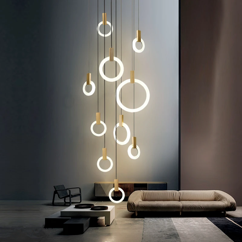 Modern ring pendant lamp LED living room Acrylic wood light 