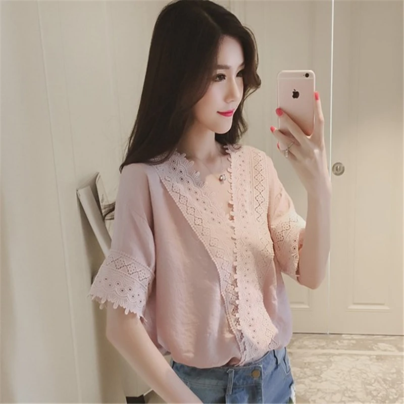 Camisa de gasa de encaje holgada para mujer, Top de gasa de manga corta con cuello en V, versión coreana, verano 2020