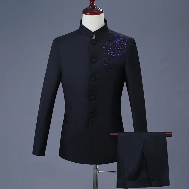 

Business Offer Chinese Style Colors Crystals Man Singer Vintage Black Slim Fit Suit Sets Man Party Prom Dance Blazer Jackets