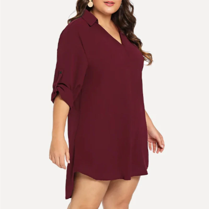 

Three Quarter Sleeves V neck Long Shirt Plus Sizes 5XL Loose Spring Autumn New Solid Color Tops T14504X