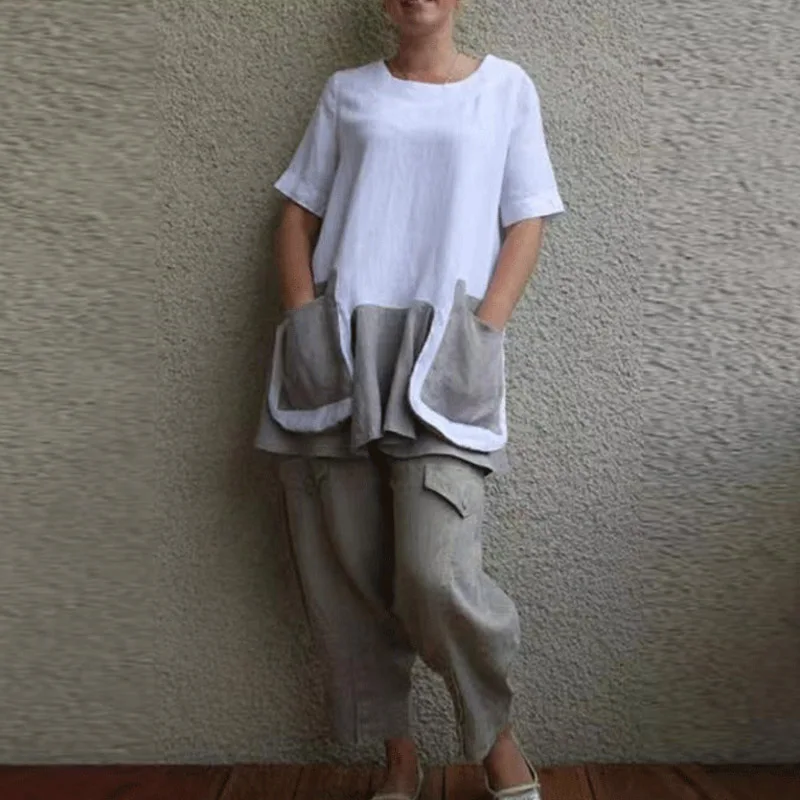 

Vintage Casual O Neck Cotton Linen Tops + Loose Pants Suits Women Fashion Patchwork Pocket Short Sleeve Sets Outfits Streetwears
