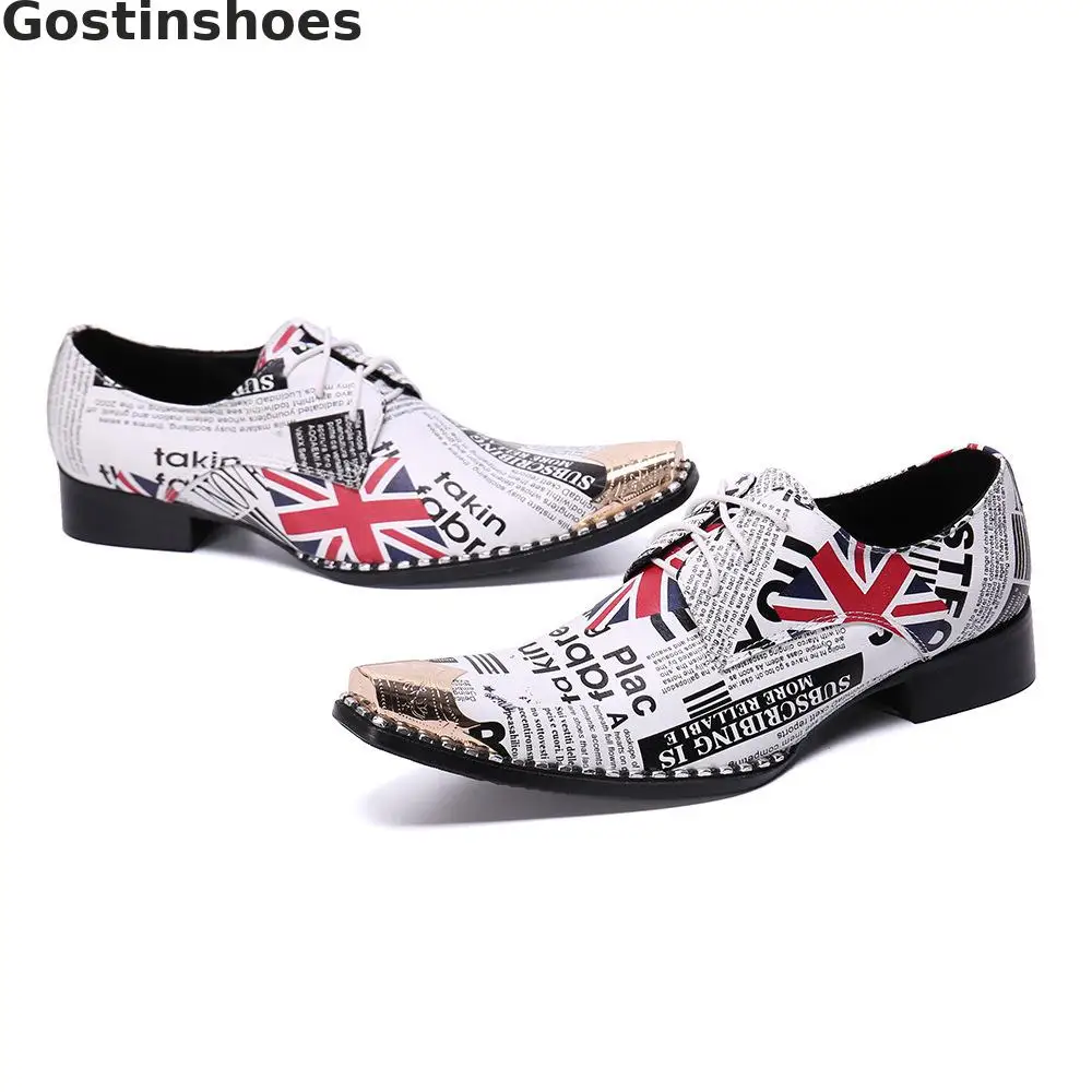 Fashion Men Shoes Genuine Leather Printed Lace-up Derby Metal Capped Toe Pointed Casual Loafers | Обувь