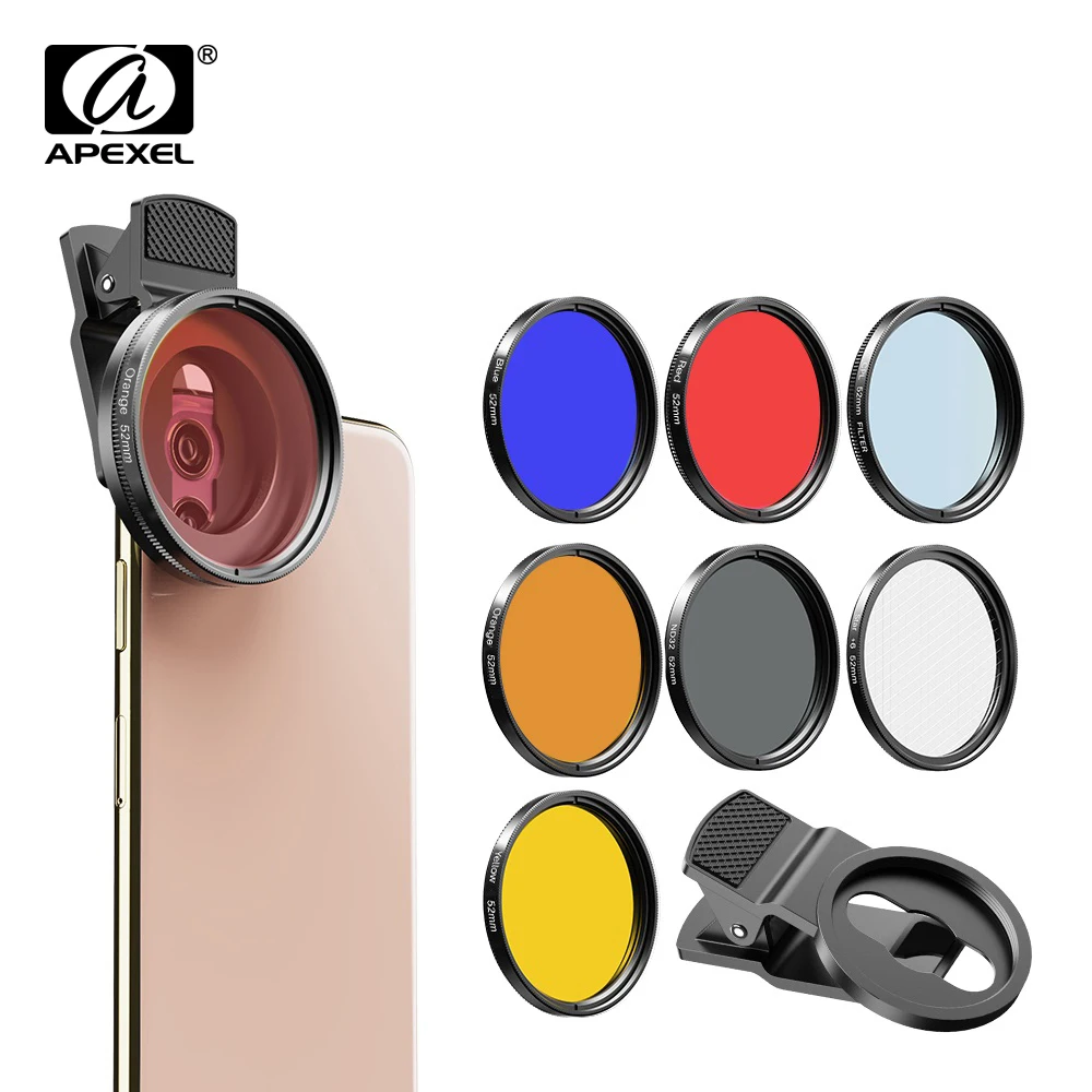 

APEXEL camera Lens Kit 0.45x wide+52mm UV Full Blue Red Color Filter+CPL ND32+Star Filters for Nikon Canon EOS iPhone all phones