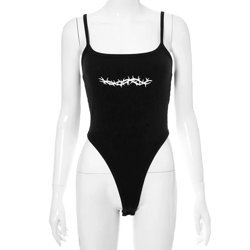 

Goth Dark Mall Gothic Women Black Bodysuits Punk Grunge Aesthetic Rotting Print Sexy Bodysiut Knitted Bodycon Summer Alt Clothes