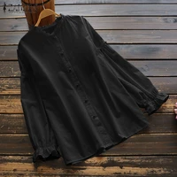 zanzea 2021 vintage ruffle shirts women autumn solid blouse casual long sleeve blusas female button chemise solid tunic oversize