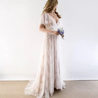 lace boho wedding dress 2020 v neck cap sleeve beach wedding gown cheap backless custom made a line bride dresses elegant