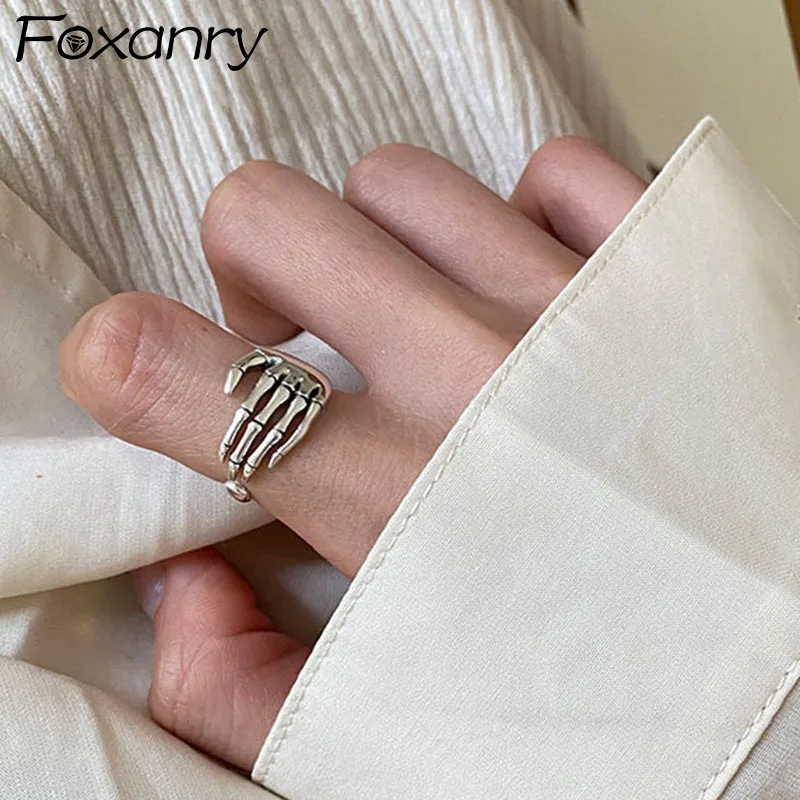 

Foxanry Silver Color Rings 2021 Trend Punk Rock Vintage Creative Adjustable Skeleton Hand Party Jewelry Birthday Gifts