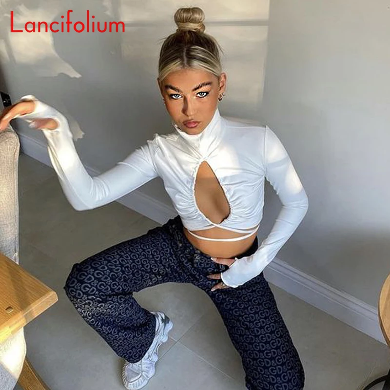 

Summer Sexy Y2k Harajuku Korean Vintage Cute Turtleneck Hollow Out Long Sleeve Bandage Baby Tees T Shirts Crop Tops Women 2021