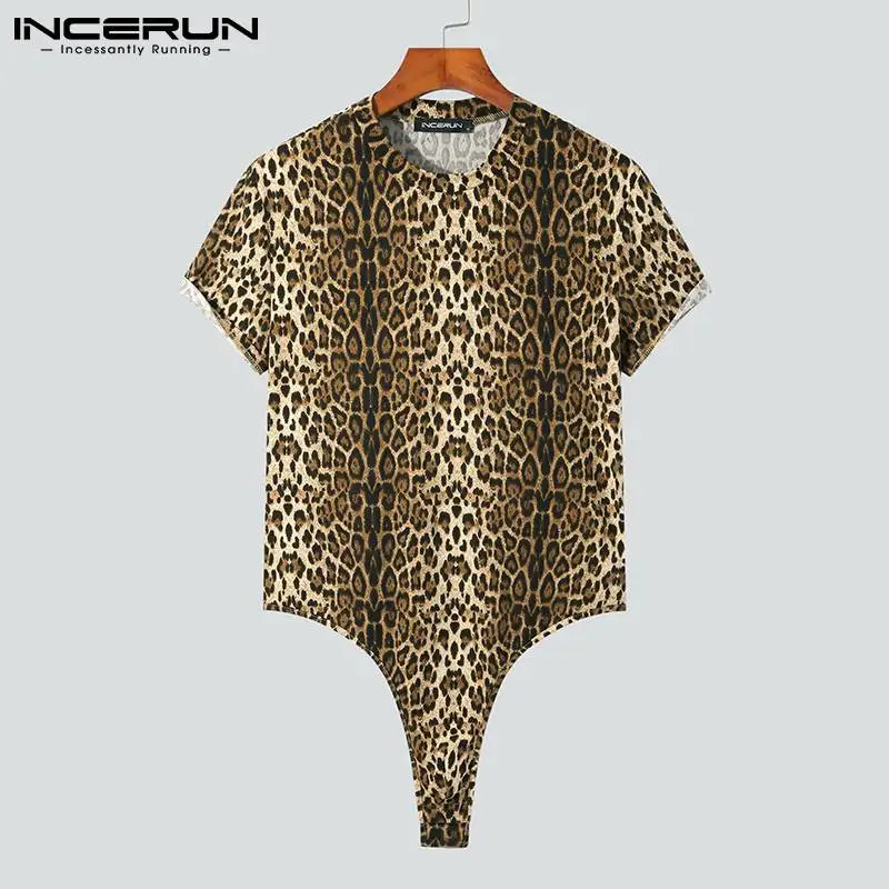 

Fashion Sexy New Men Well Fitting Onesies Sexy Leisure Casual Leopard Printing Rompers Short Sleeve Bodysuits S-5XL 2021 INCERUN