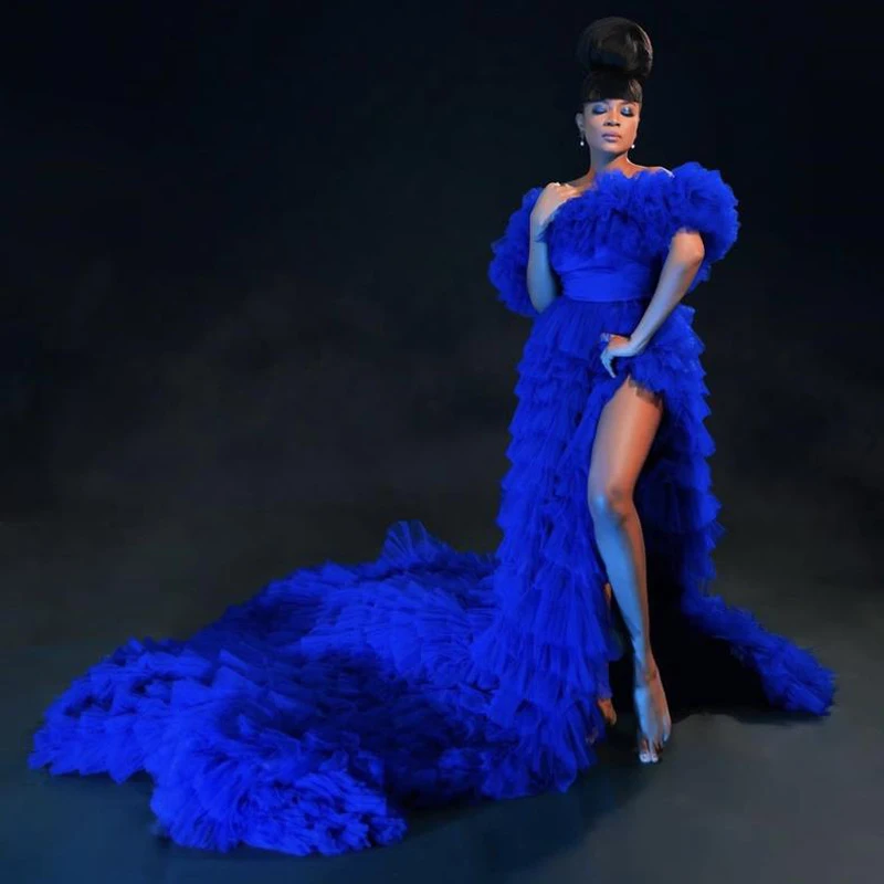 

Newest Royal Blue Split Tulle Long Prom Dresses A-line Ruffles Tiered Tulle Mesh Formal Party Dress Birthday Prom Gowns
