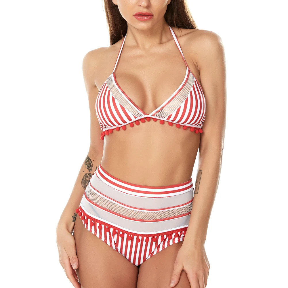 

Women Swimwear Halter High Waist Tassel Swimsuit Bikini Set Beachwear for Summer Vacation THJ99