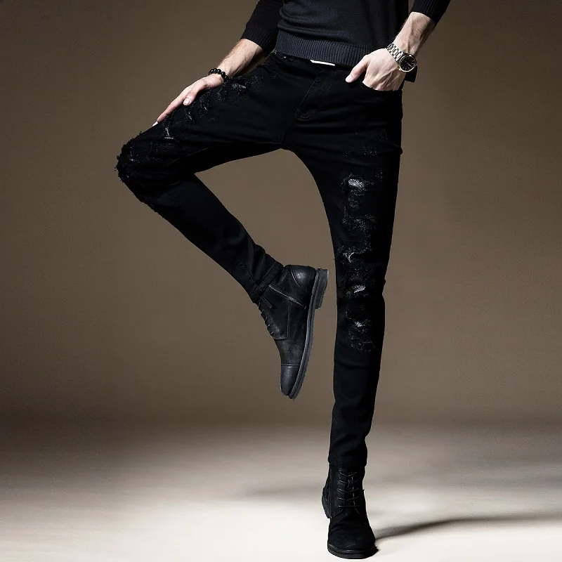 Black Ripped Hole Patch Jeans Men Fashion Slim Fit Pencil Pants Korean Style Casual Stretch Denim Trousers