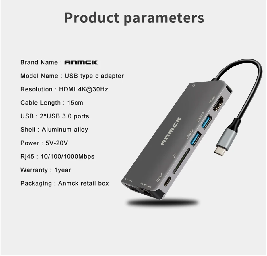 Anmck USB C концентратор USB к Мульти USB 3,0 HDMI VGA RJ45 Thunderbolt 3 OTG адаптер USB разветвитель для MacBook Pro Air Dock type C концентратор