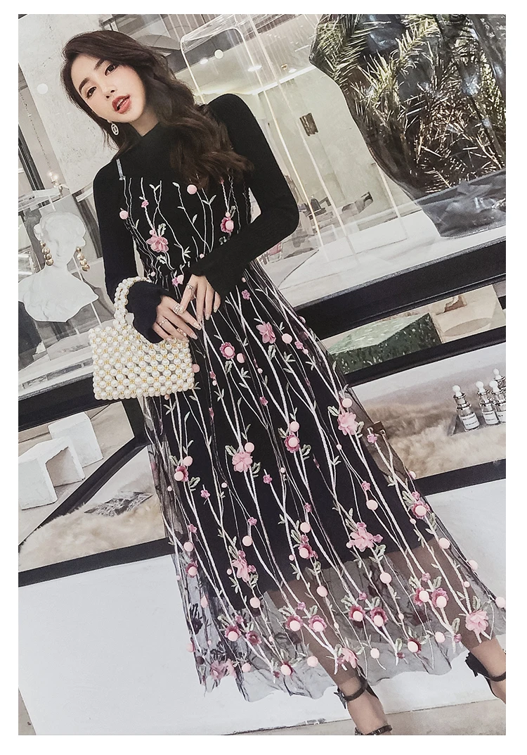 Knitted Dress 2 Piece Set Autumn New Solid Black Sweater Dress and Hairball Appliques Floral embroidery Mesh Sling Dress Sets