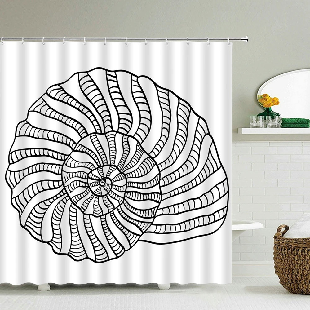 

Ocean Shell Shower Curtain Bathroom Waterproof Fabric Black White Modern simplicity 3D Printed Curtains for Bathroom Shower