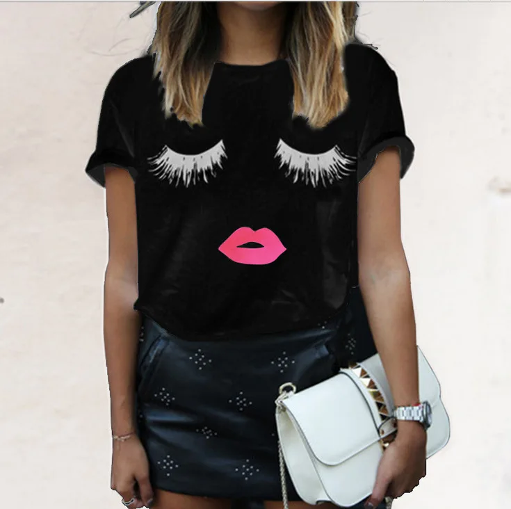 

New summer eyelashes + red lip pattern printing short-sleeved women's T-shirt