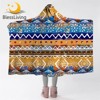 BlessLiving Aztec Hooded Blanket Southwestern Microfiber Sherpa Blanket Boho Tribal Wearable Throw Blanket Geometric Bedding 1
