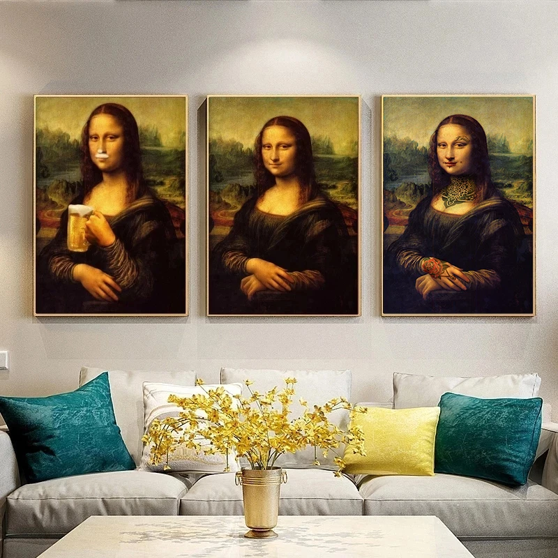 

Famous Leonardo art picture Mona Lisa holding cat on the wall funny art canvas painting art posters and prints home decoration