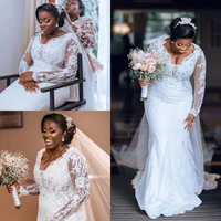 african lace wedding dresses mermaid deep v neck long sleeves crystals beaded custom made plus size bride gown vestido de novia
