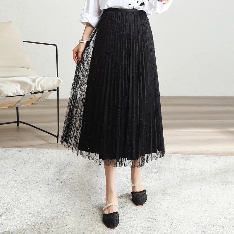 

Women High Waisted Elegant Korean Long Pleated Skirt 2021 Summer Both Side Skirt Female Loose Big Swing Casual Mesh Skirts 1618