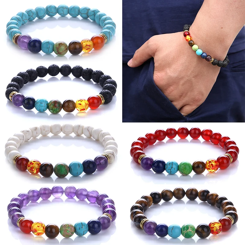 7 Чакра исцеляющий браслет из бисера для мужчин 8 мм лавовый камень красочные