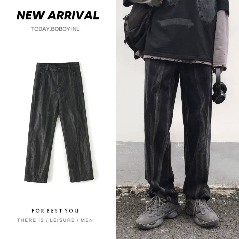

2021 New Jeans Men Loose Straight Leg Pants Elastic Waist Teenager Casual Loose Straight Wide Leg Pants All-Match Casual Pants