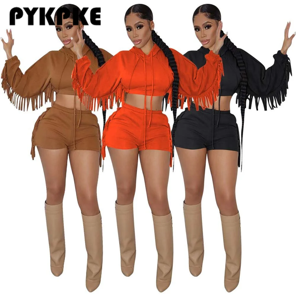 

Women Set Tassel Long Sleeve Hooded Tops Shorts Two Piece Sets Tracksuit Autumn Winter Outfits