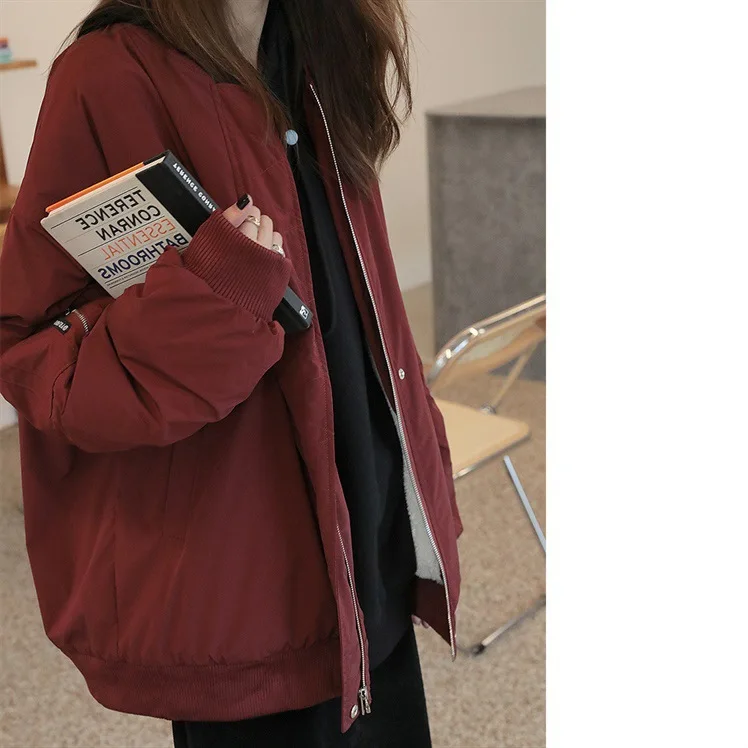 

Women's Winter Jacket Women's Baseball Uniform Jacket Plus Cotton Plus Fleece Thick Jacket Top Solid Zipped Outerwear & Coats