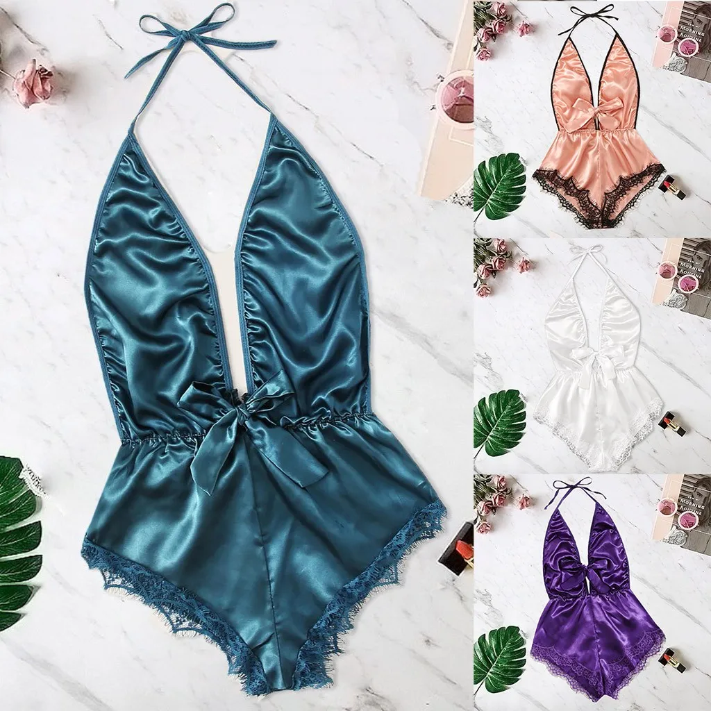 

Sexy Lingerie Women V-neck Lace Stain Bow Lingerie Bodysuit Sleepwear Pajamas Silk Jumpsuit Нижнее Белье Женское Сексуальное