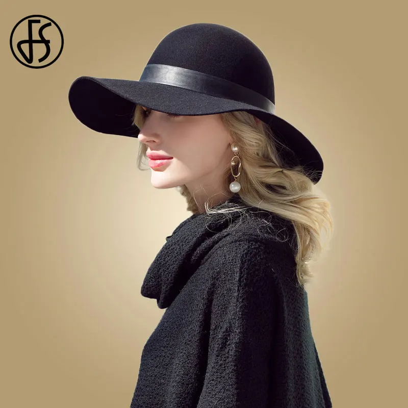 

FS 2020 Winter Black Hat For Women Big Wool Fedora Hats With Leopard Belt Cloche Felt Wide Brim Bowler Hats Ladies Derby Fedoras