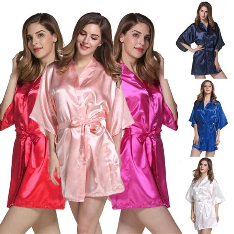 

Women Plain Satin Robe Dress Solid Color Bridal Dress Silk Sleepwear Bathrobe