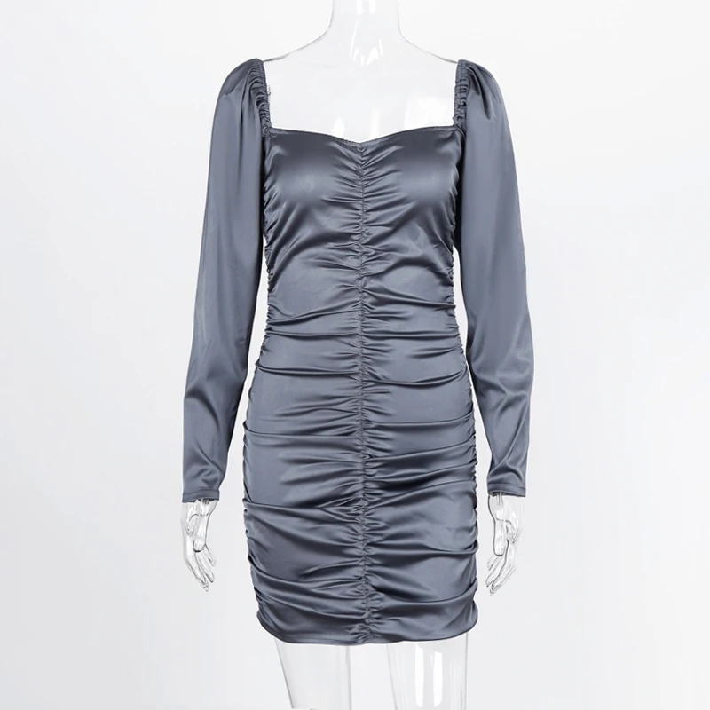 

ELSVIOS Autumn Off Shoulder Pleated Mini Dress Women Sexy Slash Neck Long Sleeve Bodycon Dress Ladies Slim Clubnight Party Dress