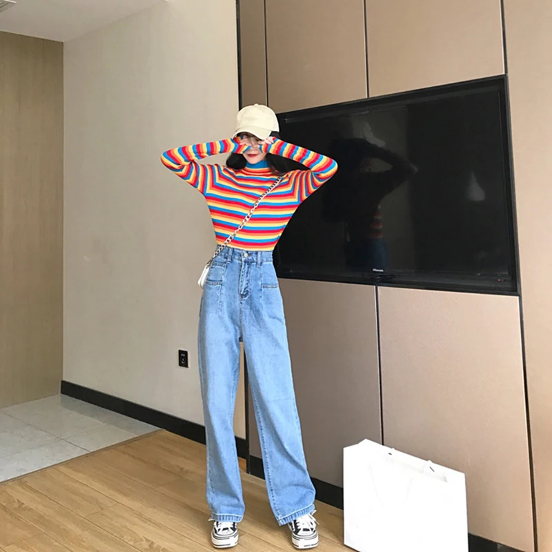 Winter Rainbow Knitted Women Sweaters And Long Sleeve Casual O-Neck Pullovers Sueter Mujer Tops Striped Turtleneck Jumper | Женская