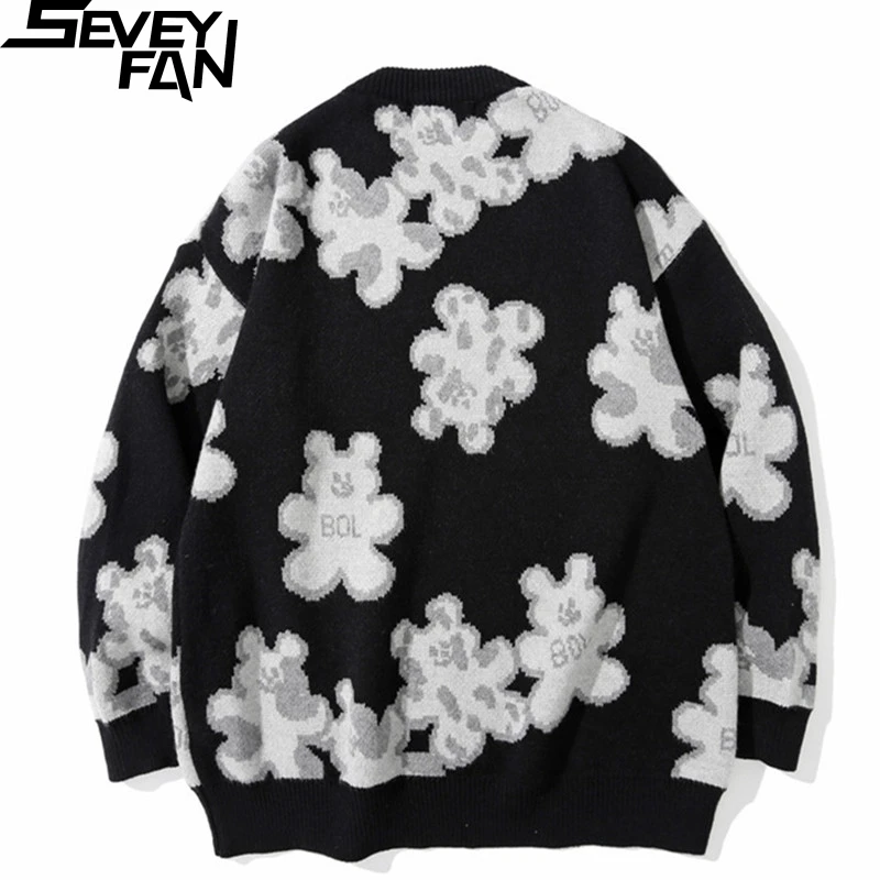 

SEVEYFAN Men's Cartoon Rabbit Jacquard Sweater BF Loose O Neck Knitwear Hip Hop Pullover Sweaters for Couples