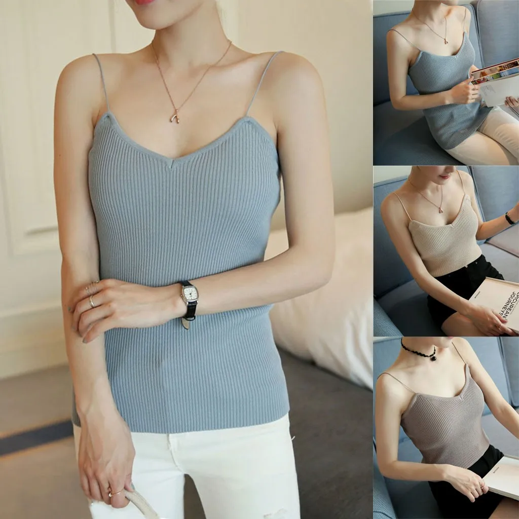 Женский трикотажный топ на бретелях женский с v образным вырезом майка для женщин