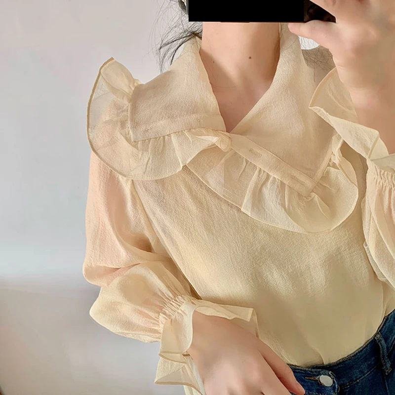 

XITAO Vintage Patchwork Ruffles Blouse Women Tide Fashion Style Turn Down Collar Long Flare Sleeve Solid Color Elegant ZY5295