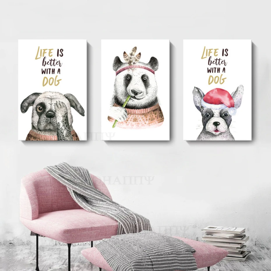 

Cartoon Animal Dog Panda Poster Wall Art Nursery Canvas Painting Wall Picture Room Prints Nordic Poster Decor Picture Unframed