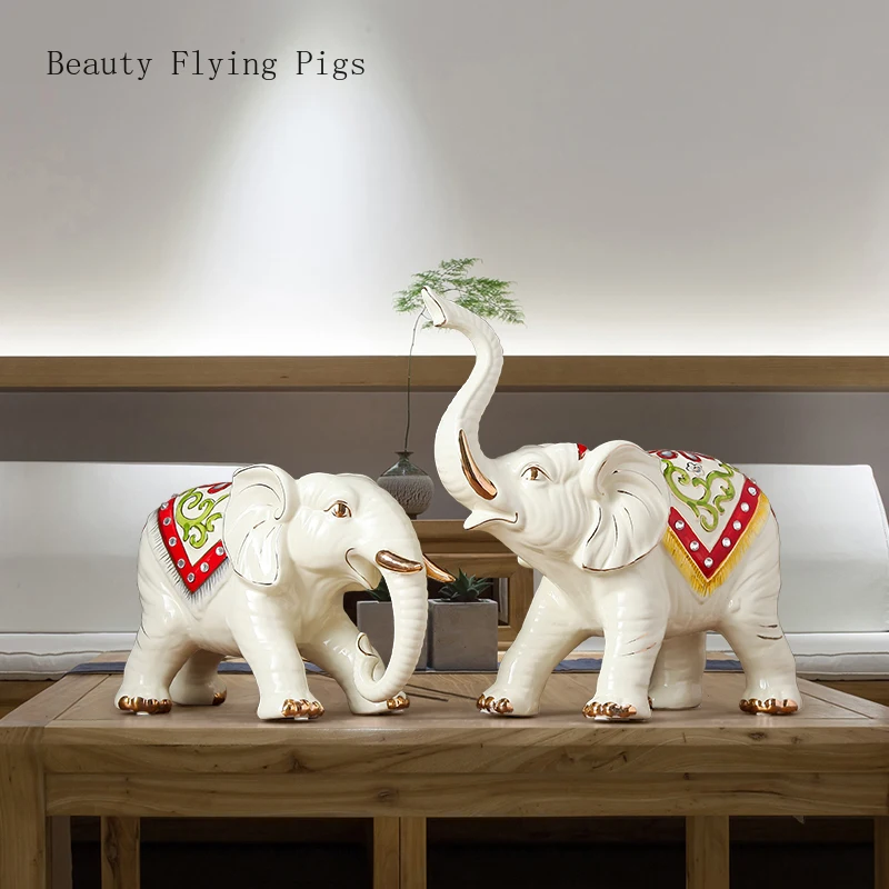 

1 Pair European Elephant Sculpture Ornaments Lucky Money Ceramics Crafts Living Room Desktop Decorations Housewarming Gifts