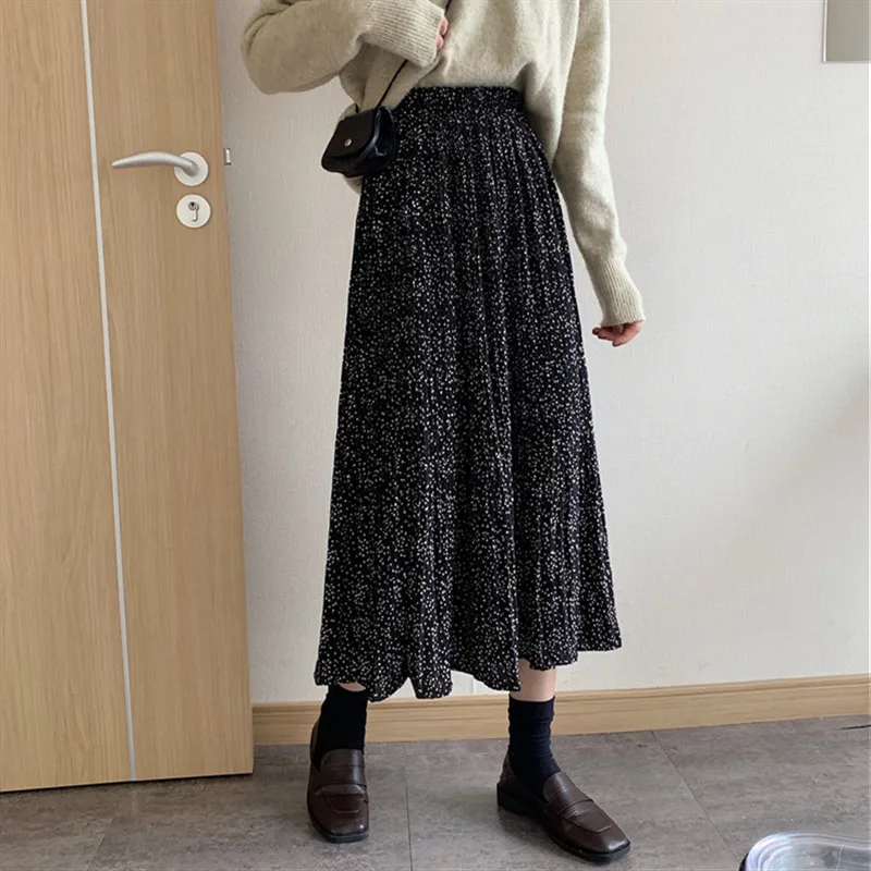

POUNGDUDU 2021 Spring Floral Skirts For Women Skirts Woman Pleated High Waisted Elastic Chiffon Korean Style Girls Fresh A-Line