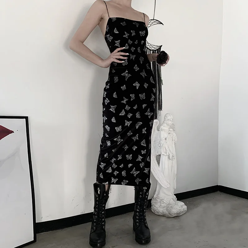 Женское платье на тонких бретелях InsGoth облегающее длинное вечернее без рукавов с