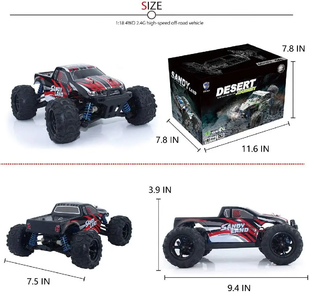 

9300 Remote Control Car Terrain Electric Off Road Truck 1:18 Scale 2.4Ghz Radio 4WD Fast 30+ MPH RC Vehicle Toys 18 Years Old