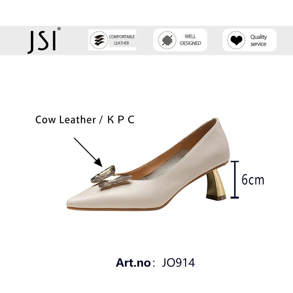 

JSI Pumps Woman Pointed Toe Genuine Leather Shallow Butterfly-knot High Thin Mental Heel Offcie Lady Shoes JO914