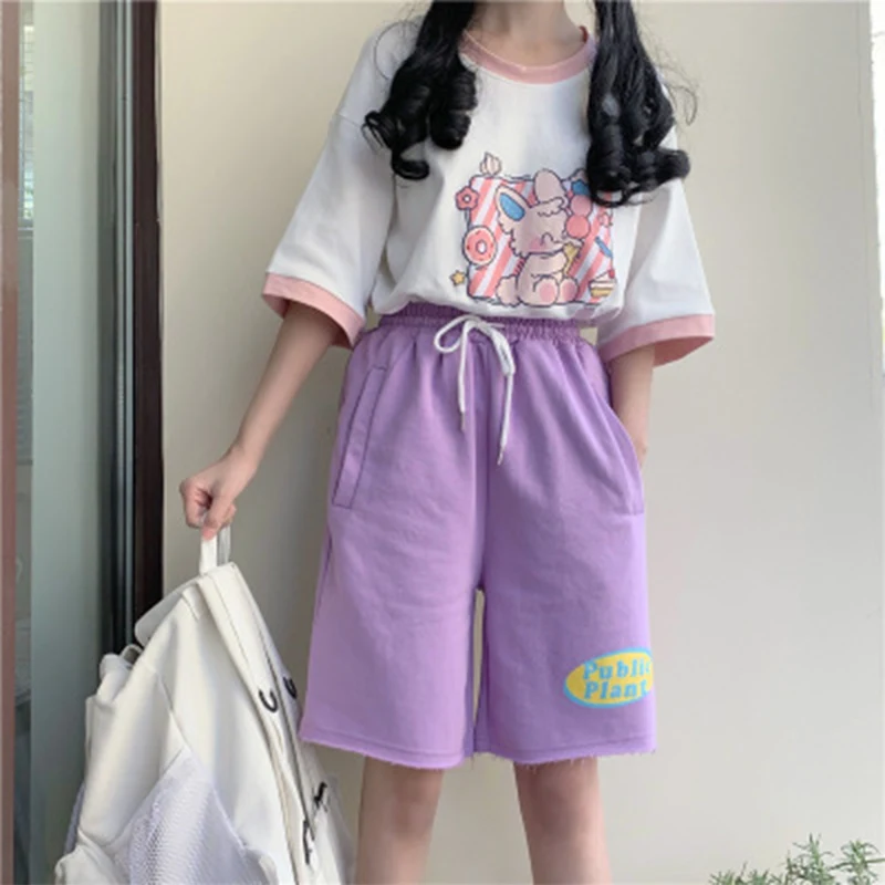 

Summer Women Shorts High Elastic Waist Wide Leg Knee Length Trouser For Girls Letter Print Drawstring Sweet Simple Casual Loose